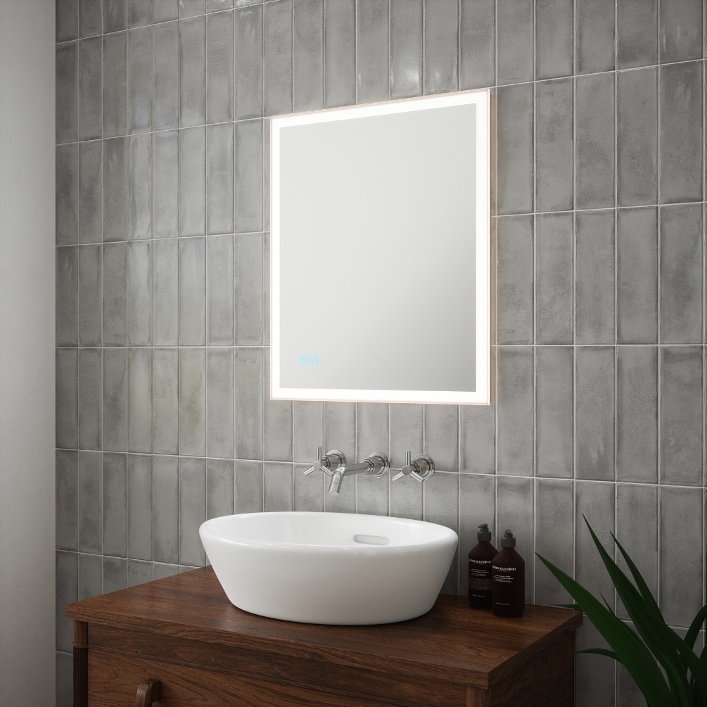 Product Lifestyle image of the Soho 600mm Colour Changing LED Mirror mounted in portrait